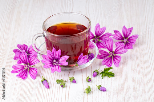 Mallow herb (Malva Vulgaris) mallow flower tea in cup.