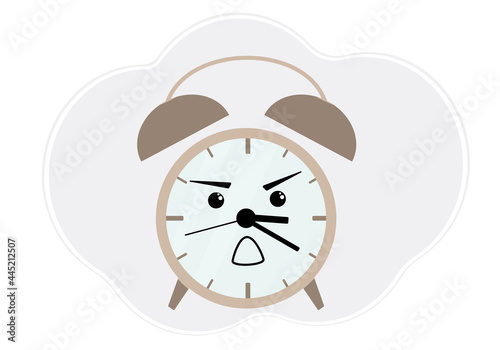 Vector illustration of brown alarm clock with emotion of anger and shock