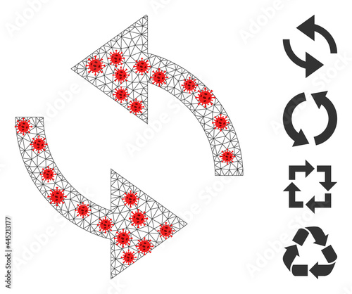 Mesh exchange arrows with outbreak style. Polygonal wireframe exchange arrows image in low poly style with combined lines and red infection centers.