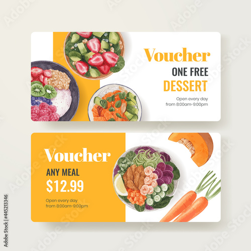 Voucher template with healthy food concept,watercolor style