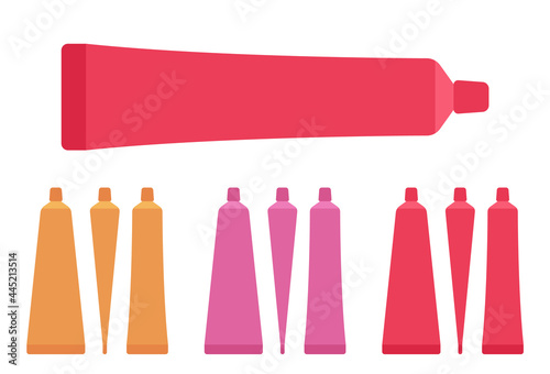 Plastic cosmetic tube, toothpaste bottle empty orange, pink, red set. Small cap makeup cream storage, shampoo container, body lotion template. Vector flat style cartoon illustration, different views