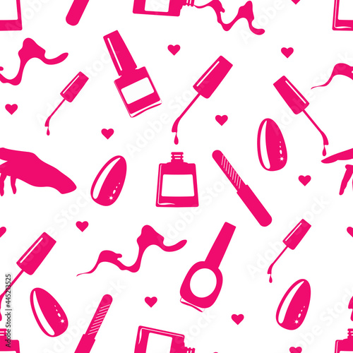 Seamless pattern of painted nail, file, nail polishes, hand, dripping varnish, beautiful manicure.