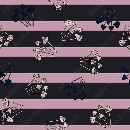 Abstract seamless pattern with doodle psilocybe semilanceata mushroom ornament. Striped background.