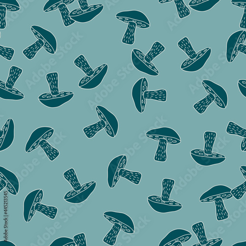 Harvest autumn seamless pattern with random little Leccinum scabrum mushroom elements. Blue colors.