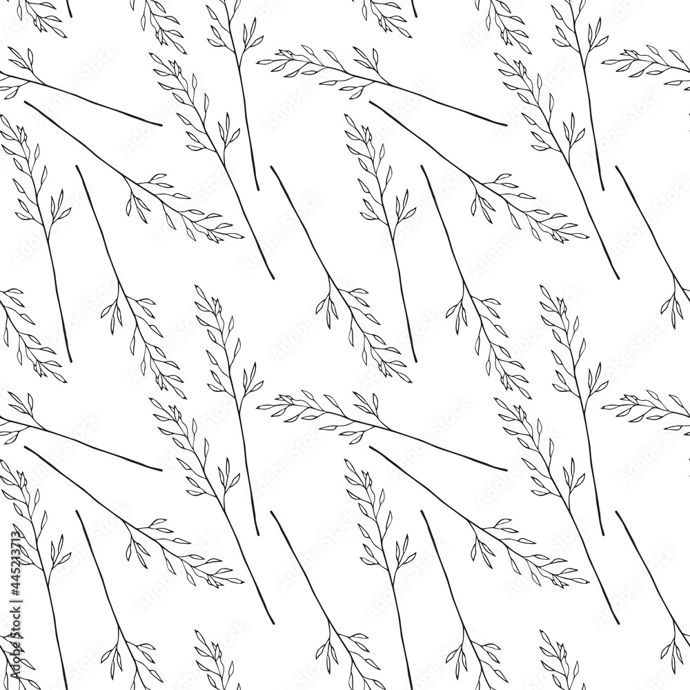 Obraz premium Seamless pattern. Drawing of cereals - spikelets of barley. Vector illustration. Black sketch
