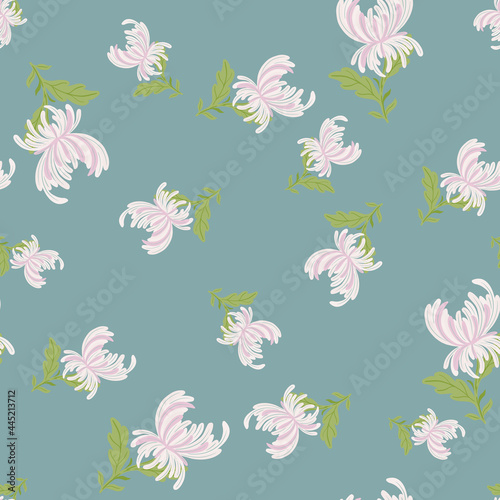 Organic natural seamless pattern with random chrysanthemum flowers ornament. Blue background.