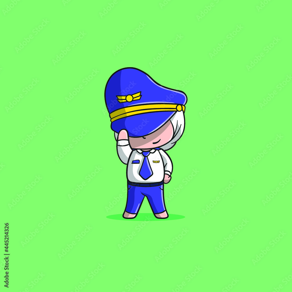Flat Cartoon Style pilot girl using hat vector icon illustration