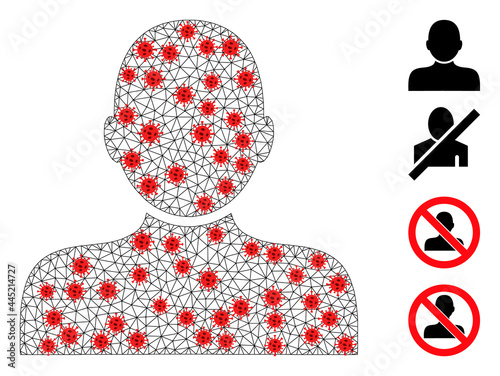 Polygonal man person in lockdown style. Polygonal carcass man person image in low poly style with connected lines and red infectious items.