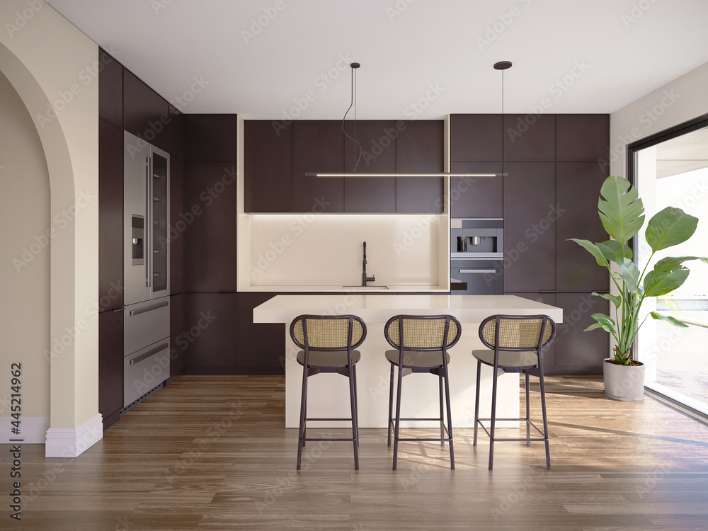 Fototapeta premium 3d rendring of a minimal mediterranean kitchen with beige marble and wenge cabinets and a palm plant 