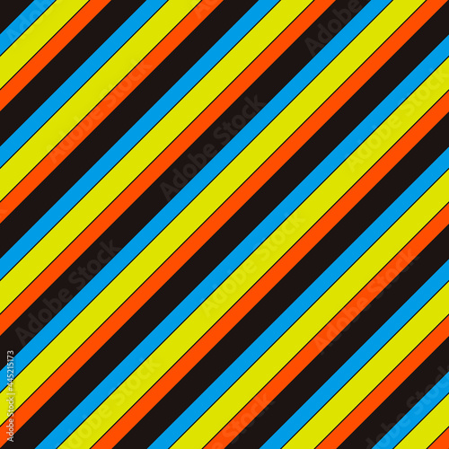 Blue, yellow, orange and black diagonal lines. Vector seamless wallpaper. Sample with four colors stripes.