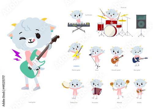 ロックンロールやポップミュージックを演奏するひつじの女の子のセット