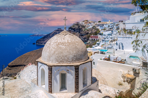 White and blue architecture of Fira village on Santorini island, Greece