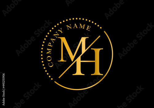 Golden letters MH with golden circle frames. Graphic Alphabet Symbol for Corporate Business Identity