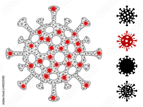 Polygonal flu virus with outbreak style. Polygonal wireframe flu virus image in low poly style with structured linear items and red coronavirus elements.