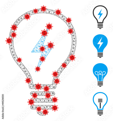 Mesh electric bulb in infection style. Mesh carcass electric bulb image in lowpoly style with connected linear items and red infection centers.