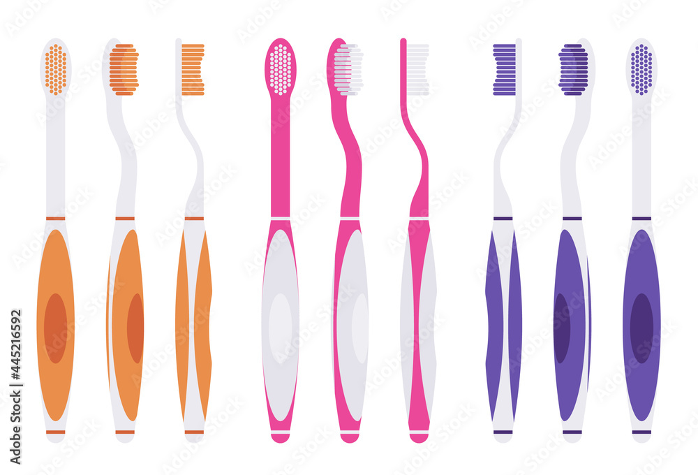 Toothbrush set, orange, pink, blue manual brush for oral hygiene. Rubber grip non-slip handle ergonomic design for healthy, clean teeth and medical stomatology. Vector flat style cartoon illustration Toothbrush set, orange, pink, blue manual brush for oral hygiene. Rubber grip non-slip handle ergonomic design for healthy, clean teeth and medical stomatology. Vector flat style cartoon illustration