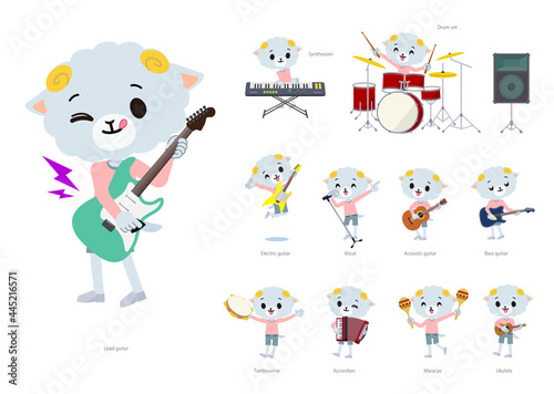 ロックンロールやポップミュージックを演奏するひつじの男の子のセット