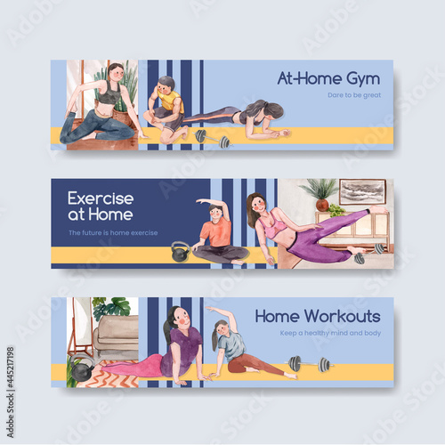 Banner template with exercise at home concept,watercolor style