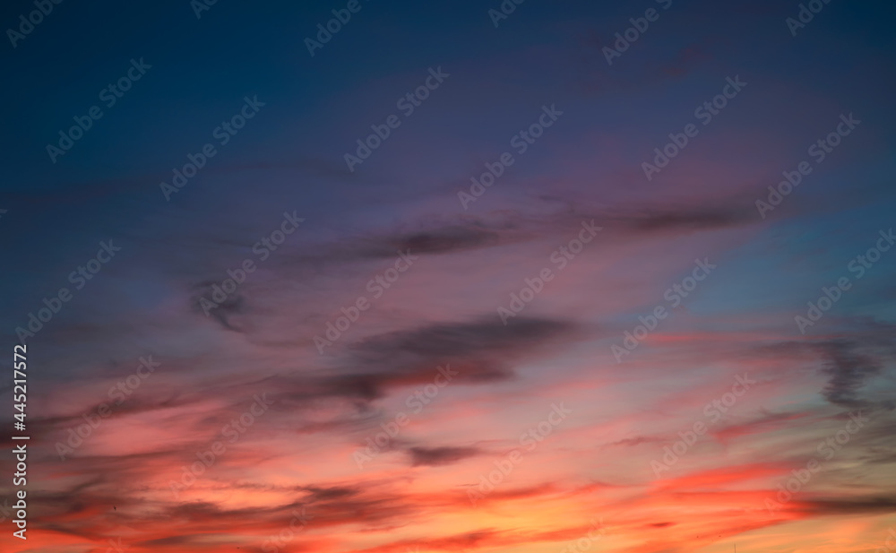 Colorful sky with clouds at sunset. Dramatic evening sky