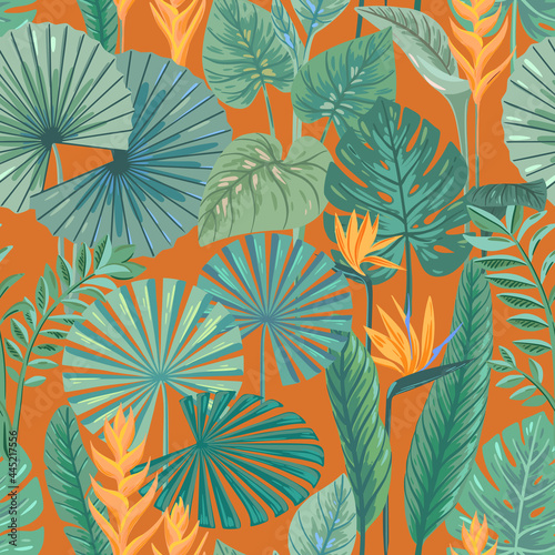 Vector seamless tropical pattern with exotic leaves.
