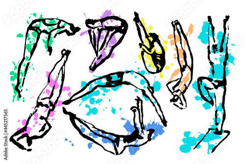 Vector hand drawn linear illustration with Athletes performing Acrobatic Actions, Poses when Jumping into the Water. Concept Professional and Amateur Sports in Diving, Summer Games, Competitions. Set.