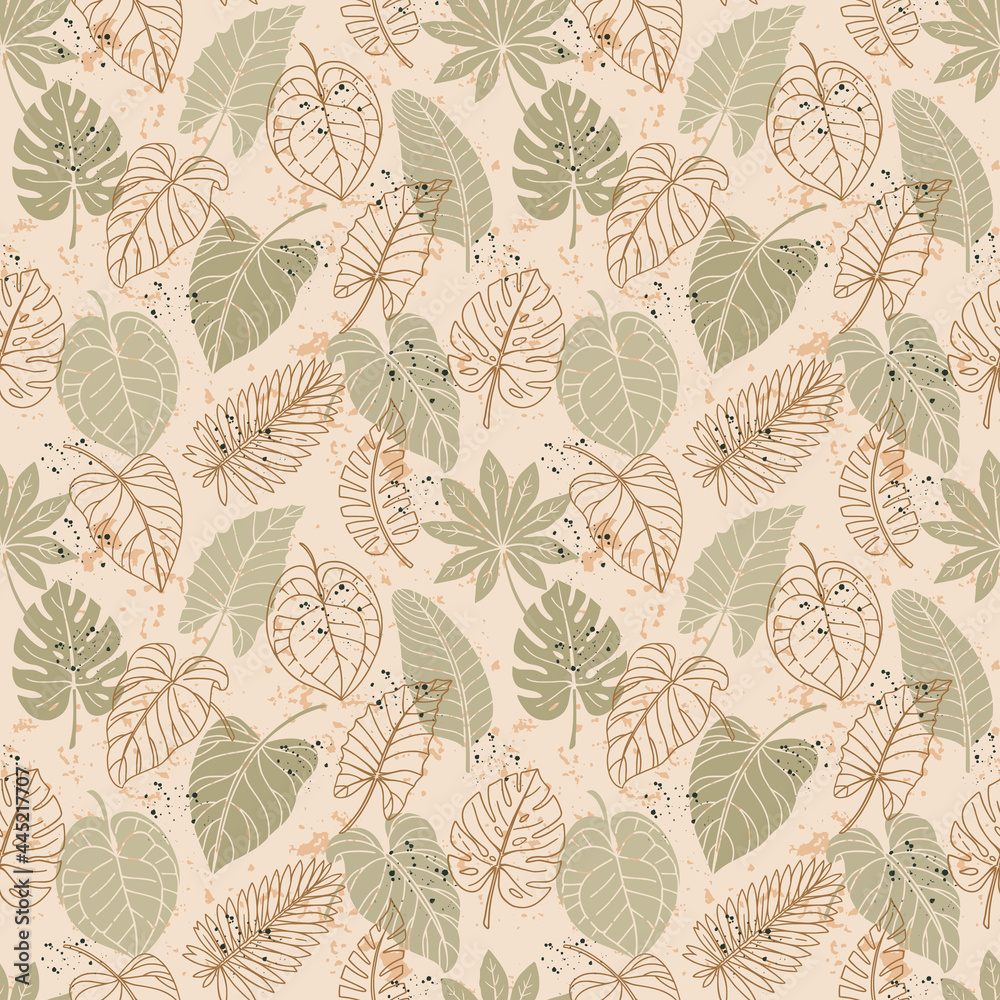 Seamless pattern with colorful tropical leaves on background.