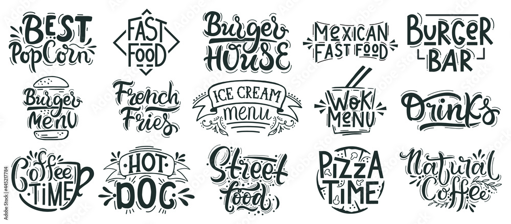 Fast Food Lettering Junk Street Food Cafe Bakery Restaurant Badges Pizza Burger Dessert Hand Drawn