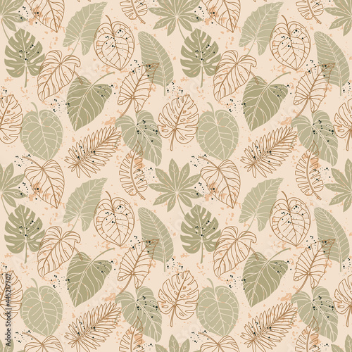 Seamless pattern with colorful tropical leaves on background.