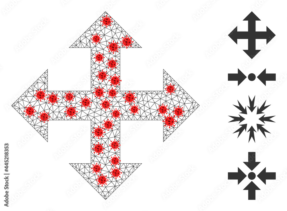 Obraz premium Mesh expand arrows in outbreak style. Mesh wireframe expand arrows image in lowpoly style with combined linear items and red virus nodes. Vector model is created from expand arrows with virus items.