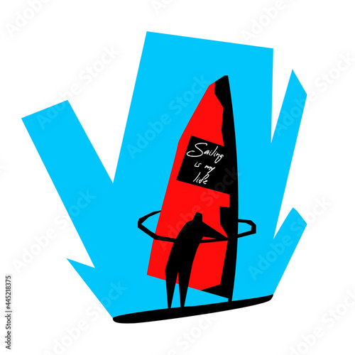 Vector simple flat illustration of the sailing logo. An athlete is depicted on a surfboard. Concept of windsurfing, summer sports, competitions, games. There is an empty space for the text.