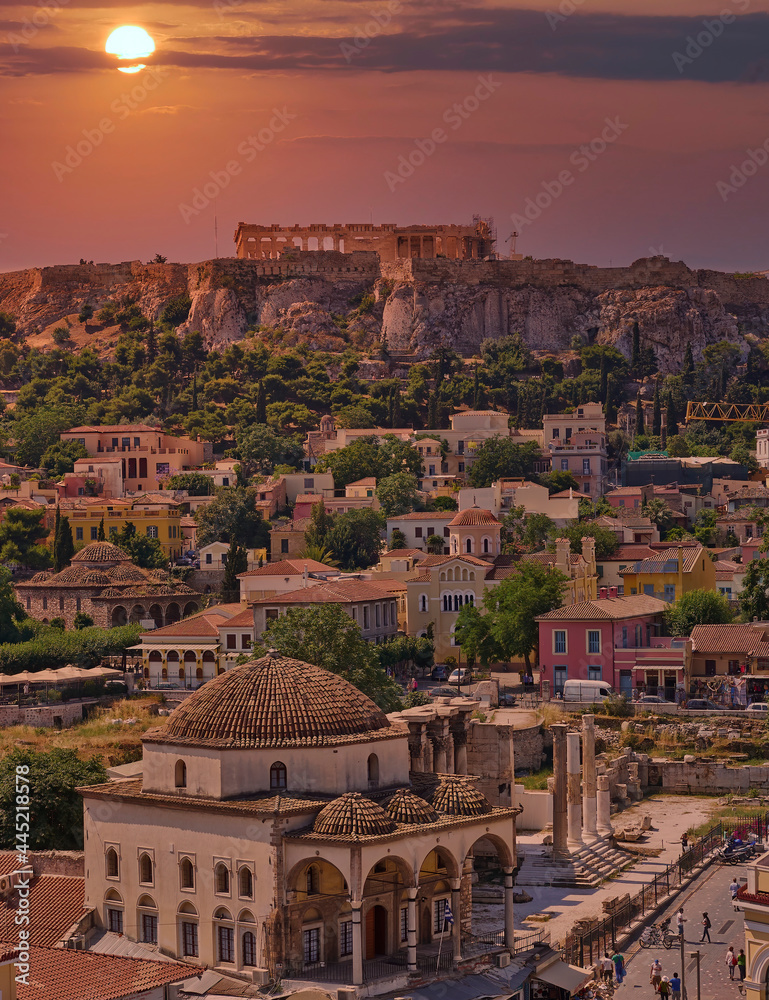Acropolis of Athens, Monastiraki square and Plaka old neighborhood ...