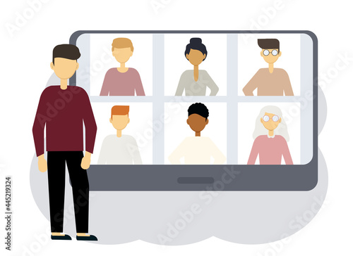 Online conference illustration. A man next to a computer with portraits of men and women