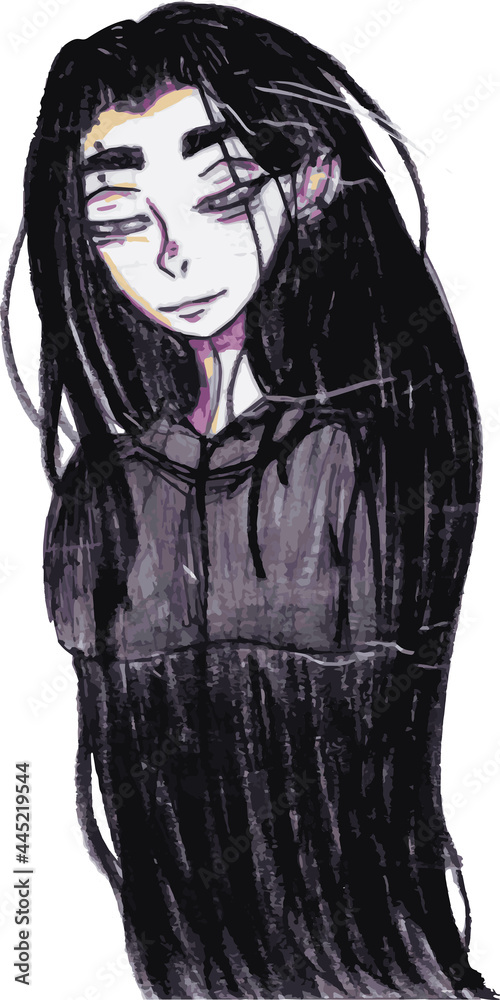 Pensive girl cartoon character. Anime teenager with long dark hair. Freehand illustration anime character