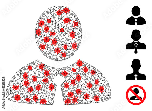 Mesh clerk using lockdown style. Mesh wireframe clerk image in low poly style with connected linear items and red coronavirus nodes. Vector structure is created from clerk with coronavirus items.