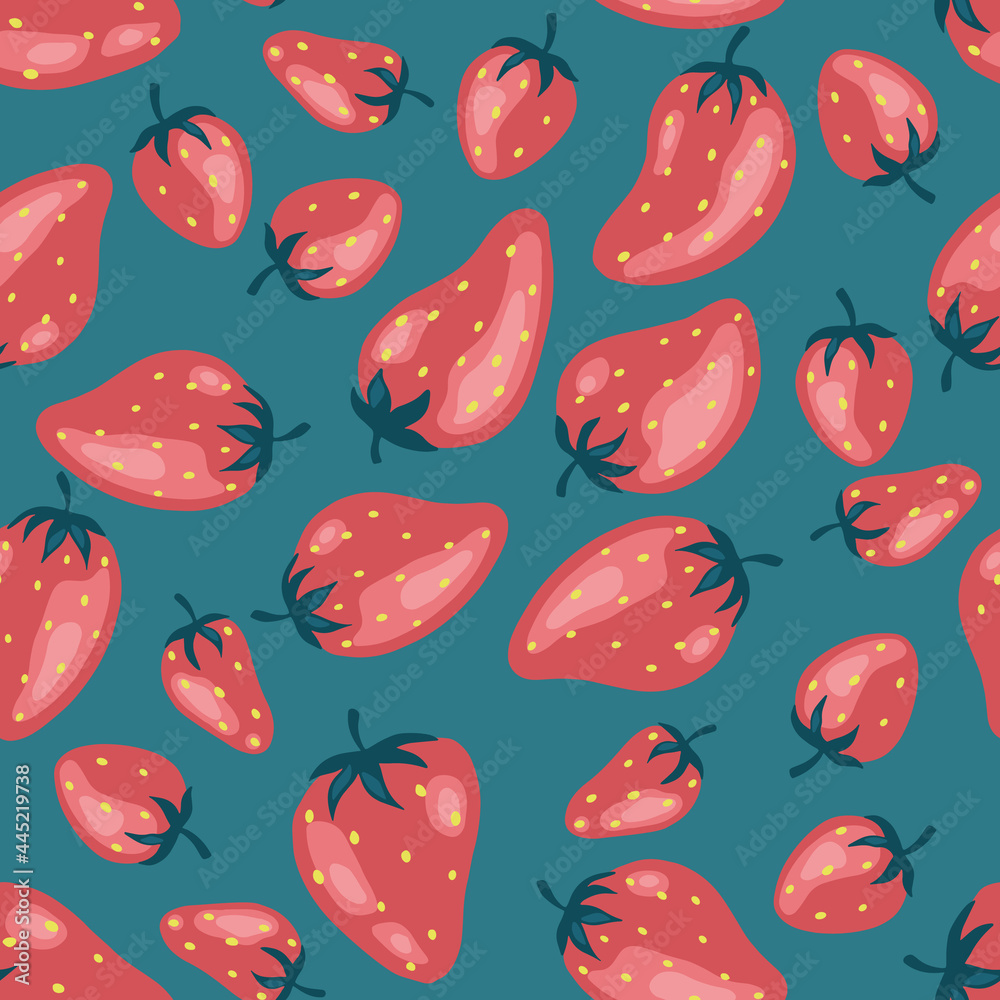 Cartoon bright strawberries seamless pattern. Vector background of fresh farm organic berry used for magazine, book,card, menu cover, web pages. Cartoon bright strawberries seamless pattern. Vector background of fresh farm organic berry used for magazine, book,card, menu cover, web pages.