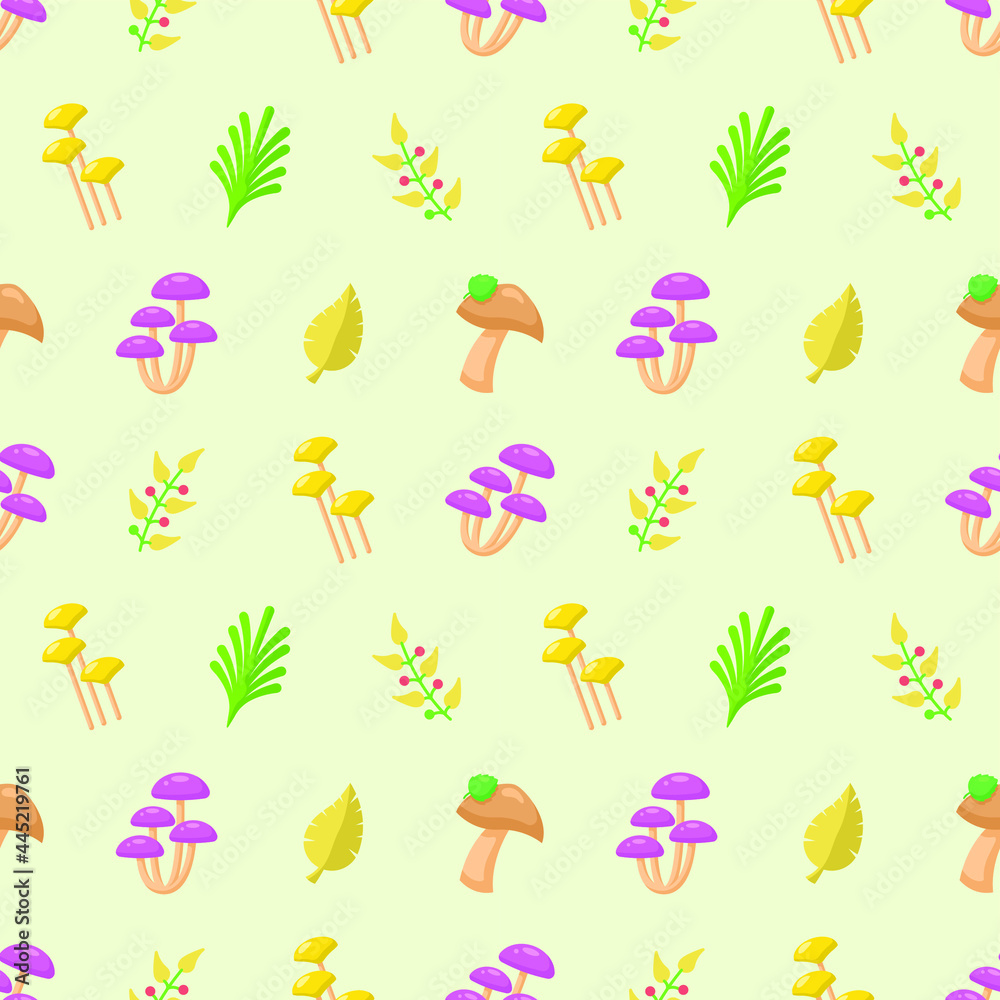 Seamless Pattern Abstract Elements Mushrooms Leaves Leaf Forest Vector Design Style Background Illustration Texture For Prints Textiles, Clothing, Gift Wrap, Wallpaper, Pastel