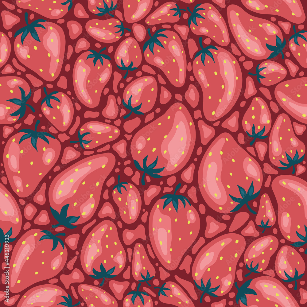 Cartoon bright strawberries seamless pattern. Vector background of fresh farm organic berry used for magazine, book,card, menu cover, web pages. Cartoon bright strawberries seamless pattern. Vector background of fresh farm organic berry used for magazine, book,card, menu cover, web pages.