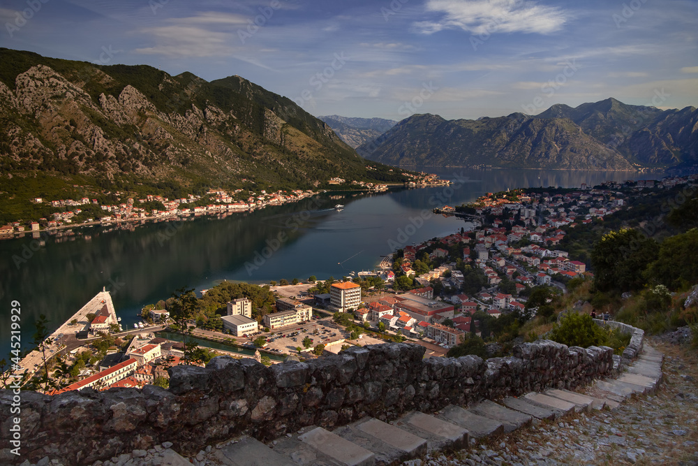 Morning view of the Kotor bay from the fortress, Montenegro, Balkans, Europe
