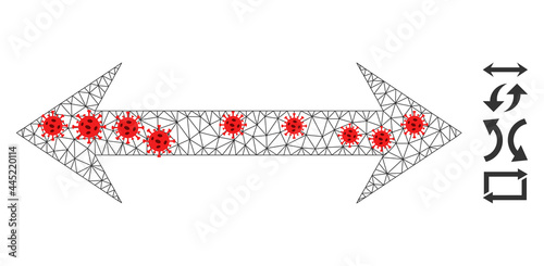 Polygonal horizontal flip using infection style. Polygonal wireframe horizontal flip image in lowpoly style with structured linear items and red covid items.