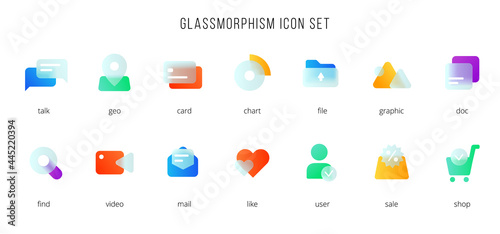 A set of vector icons of the modern trend in the style of glass morphism with gradient, blur and transparency. The collection includes 14 icons of different colors in a single style
