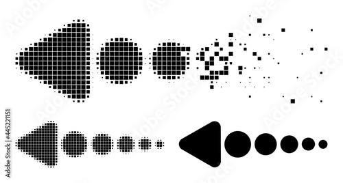 Destructed dot arrow left pictogram with destruction effect, and halftone vector pictogram. Pixel defragmentation effect for arrow left reproduces speed and movement of cyberspace items.