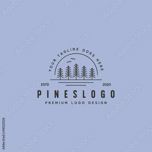 Foto landscape pine tree line art logo vector with sun symbol illustration design, pi