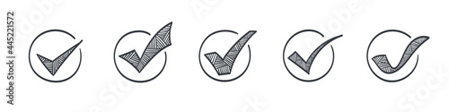 Check marks. Drawn icons of the check marks. Confirmation icons. Vector illustration