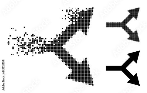 Dissipated pixelated bifurcation arrow right glyph with destruction effect, and halftone vector symbol.