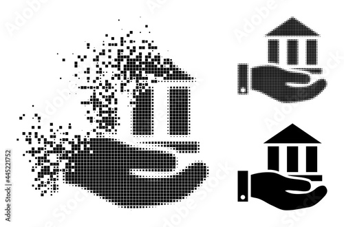 Fragmented pixelated bank service pictogram with destruction effect, and halftone vector pictogram.