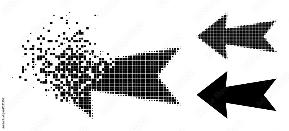 pixel arrow showing an increase and decrease vector... Dispersed pixelated arrow left pictogram with wind effect, and halftone ...