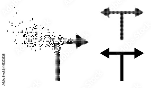 Dissipated pixelated bifurcation arrows left right glyph with destruction effect, and halftone vector composition.