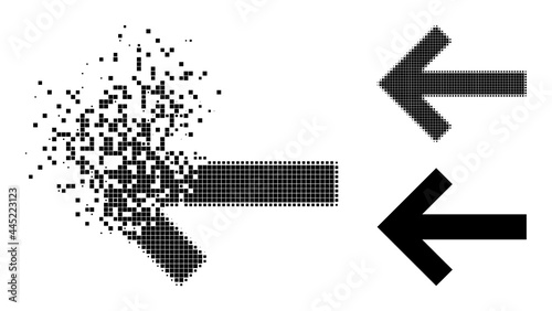 Destructed pixelated arrow left icon with wind effect, and halftone vector icon. Pixel destruction effect for arrow left reproduces speed and motion of cyberspace matter.