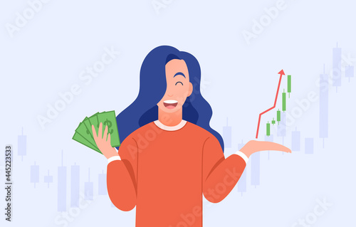 Happy young woman trading stocks, cryptocurrency, market get profit,hold cash, investing concepts, Candlestick graph buy and sell sign,internet earning cash study, winning plenty of money, vector