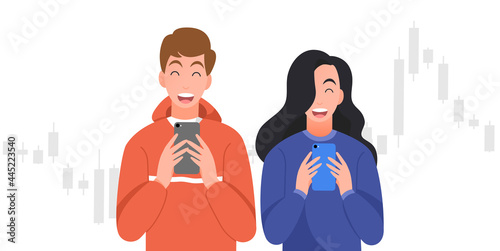 Happy young man and woman trading stocks market,cryptocurrency, get profit,hold smartphone, investing concepts, Candlestick graph,internet earning cash study, winning plenty of money, vector
